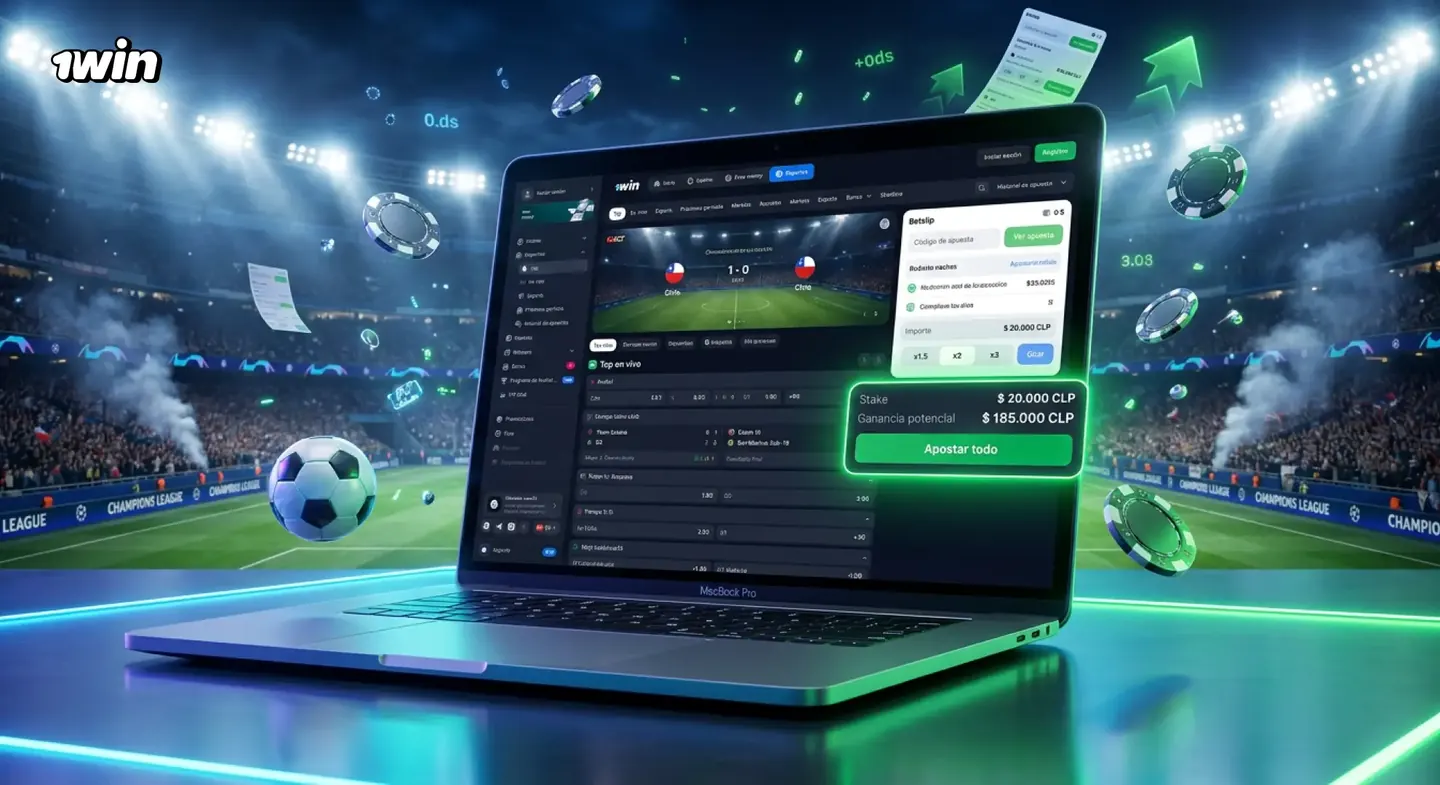 Libro deportivo de 1win con partidos en directo en un portátil